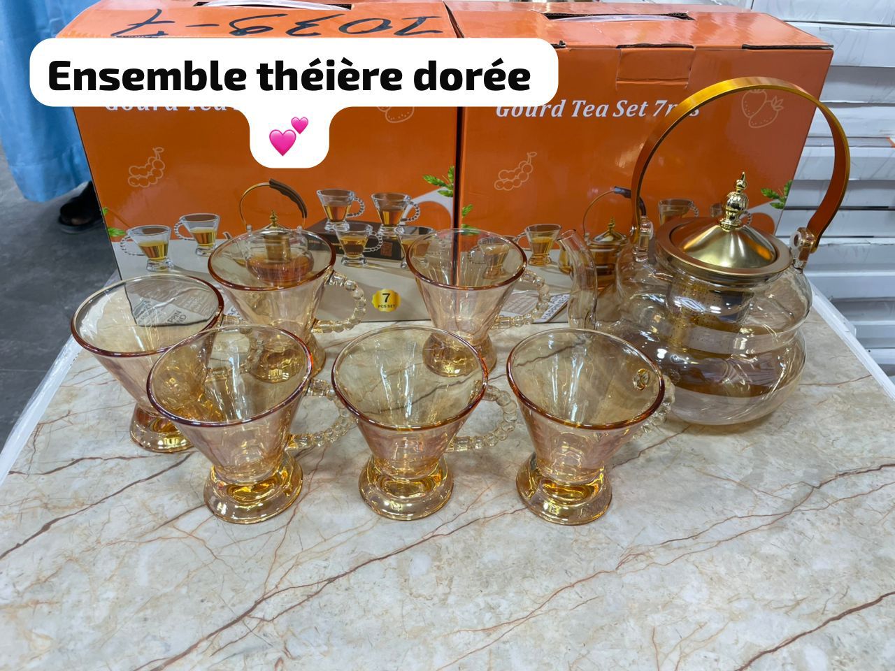 ensemble 7pcs théière + tasses dorées