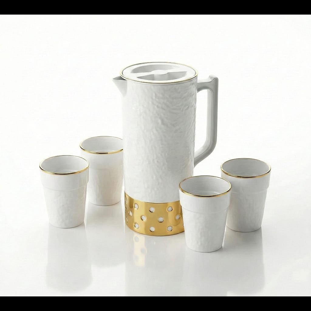 ensemble carafe + 4tasses incassable blanc et or