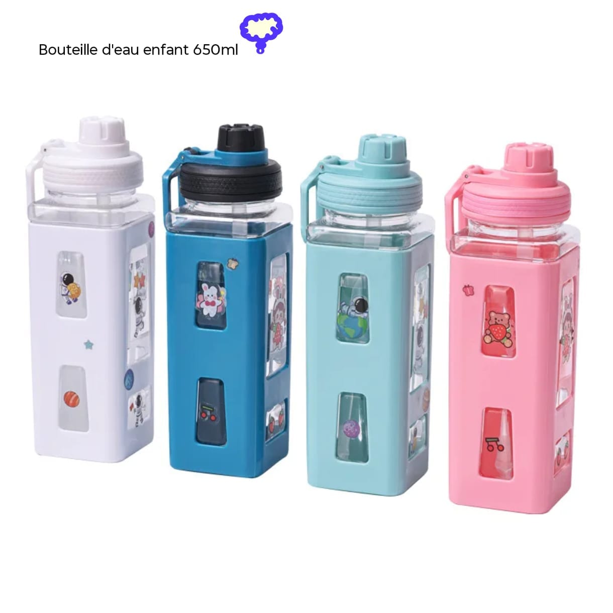 bouteille d'eau (en blanc, rose, bleu, vert)