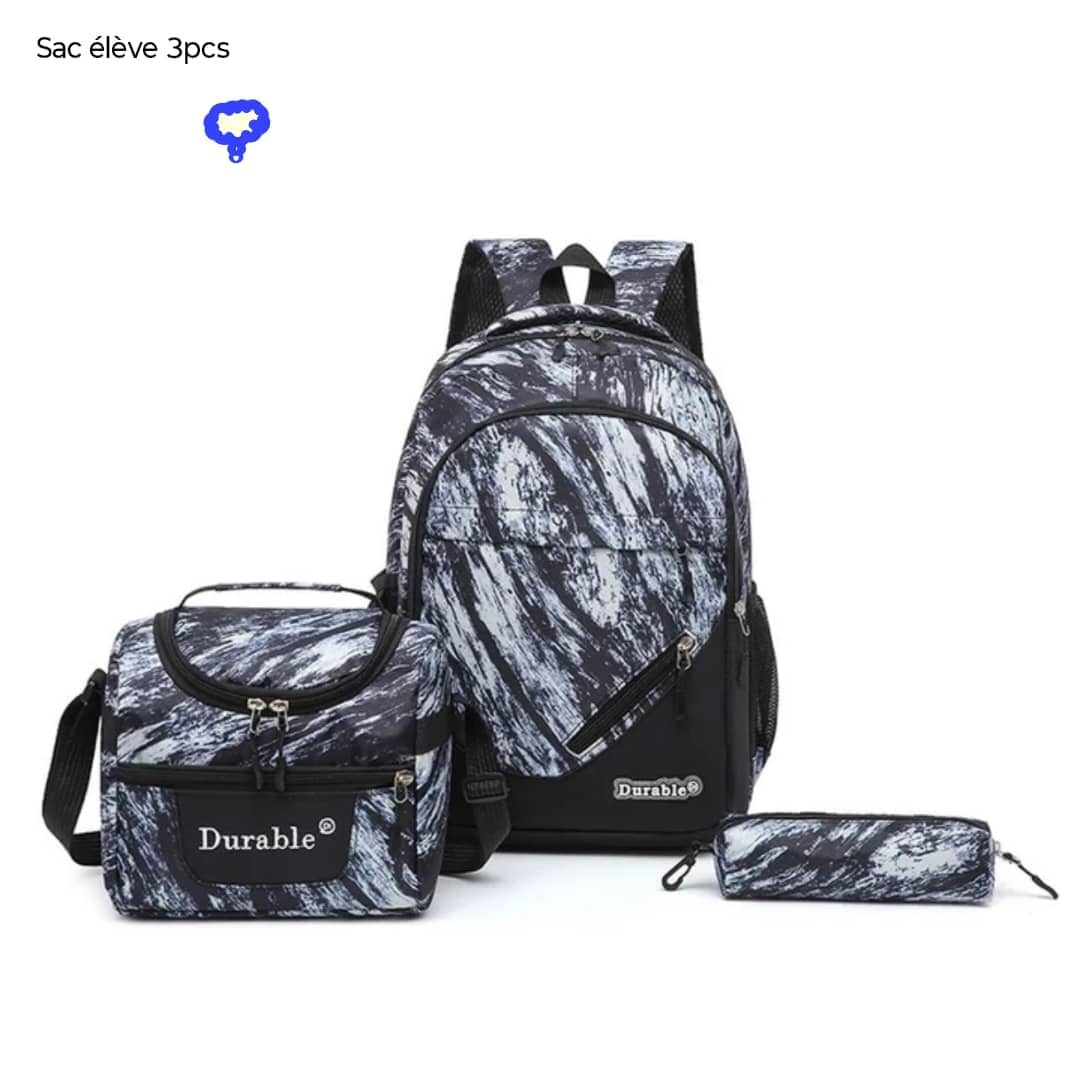 sac à dos adulte 3pcs treillis gris-noir