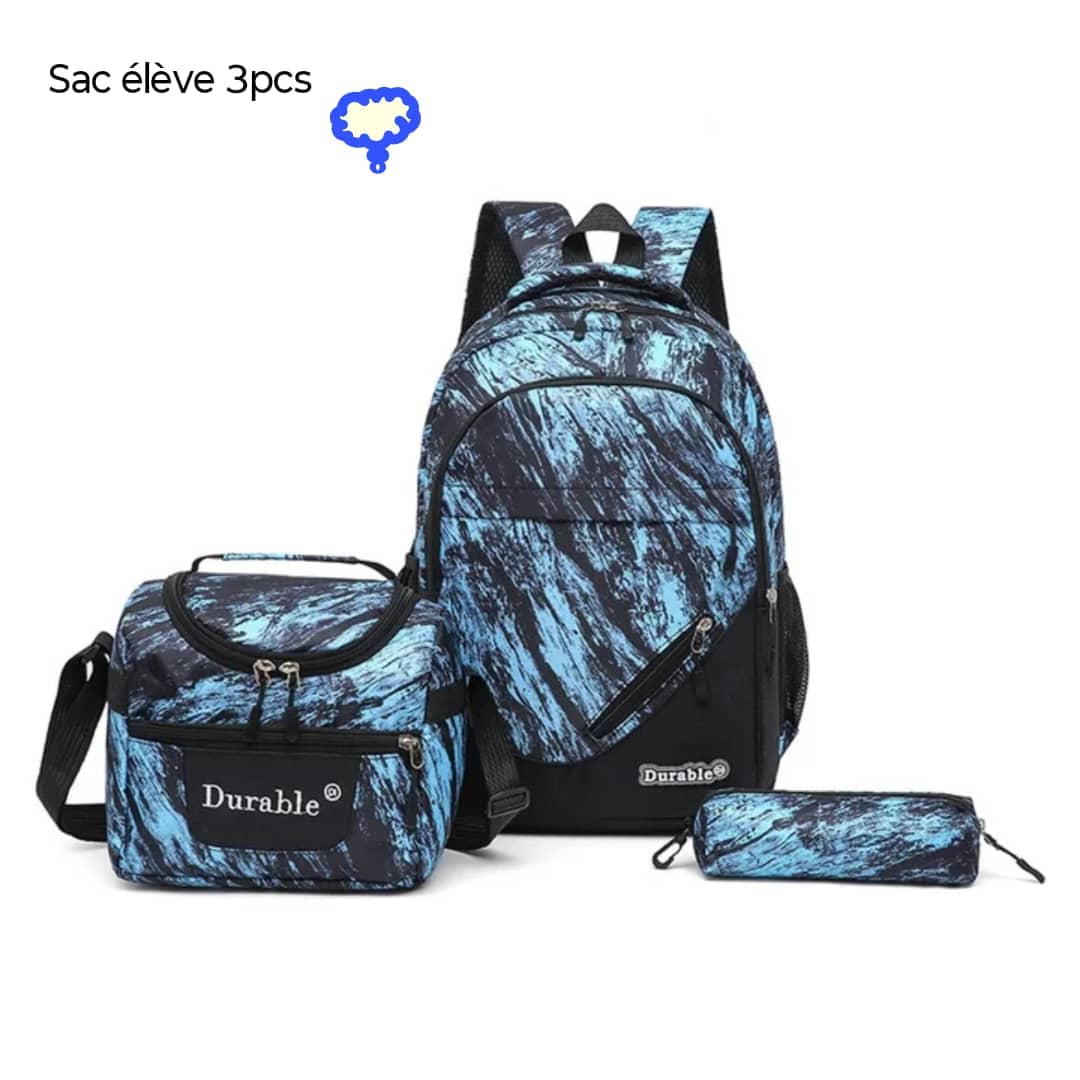 sac à dos adulte 3pcs treillis bleu-noir