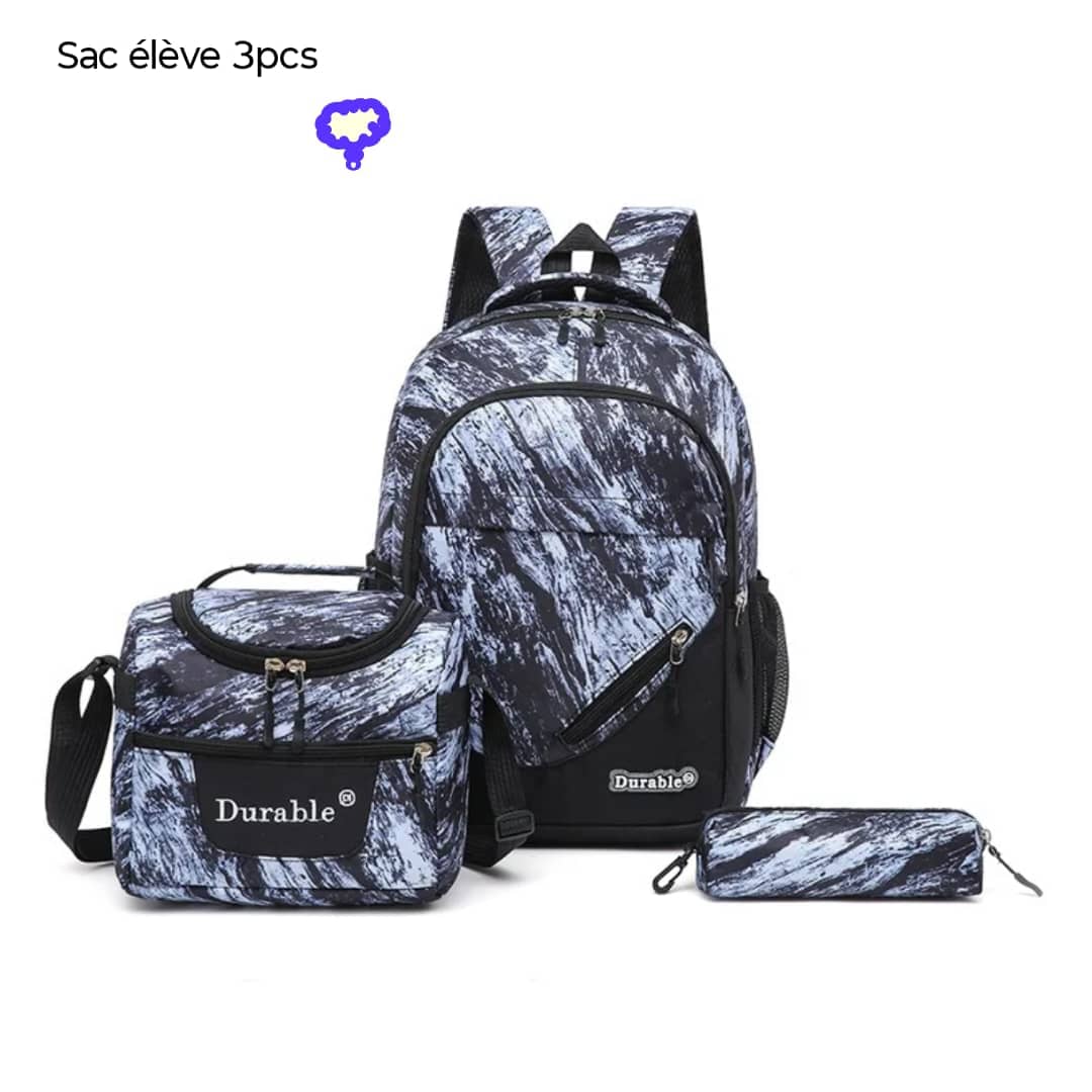 sac à dos adulte 3pcs treillis blanc-noir