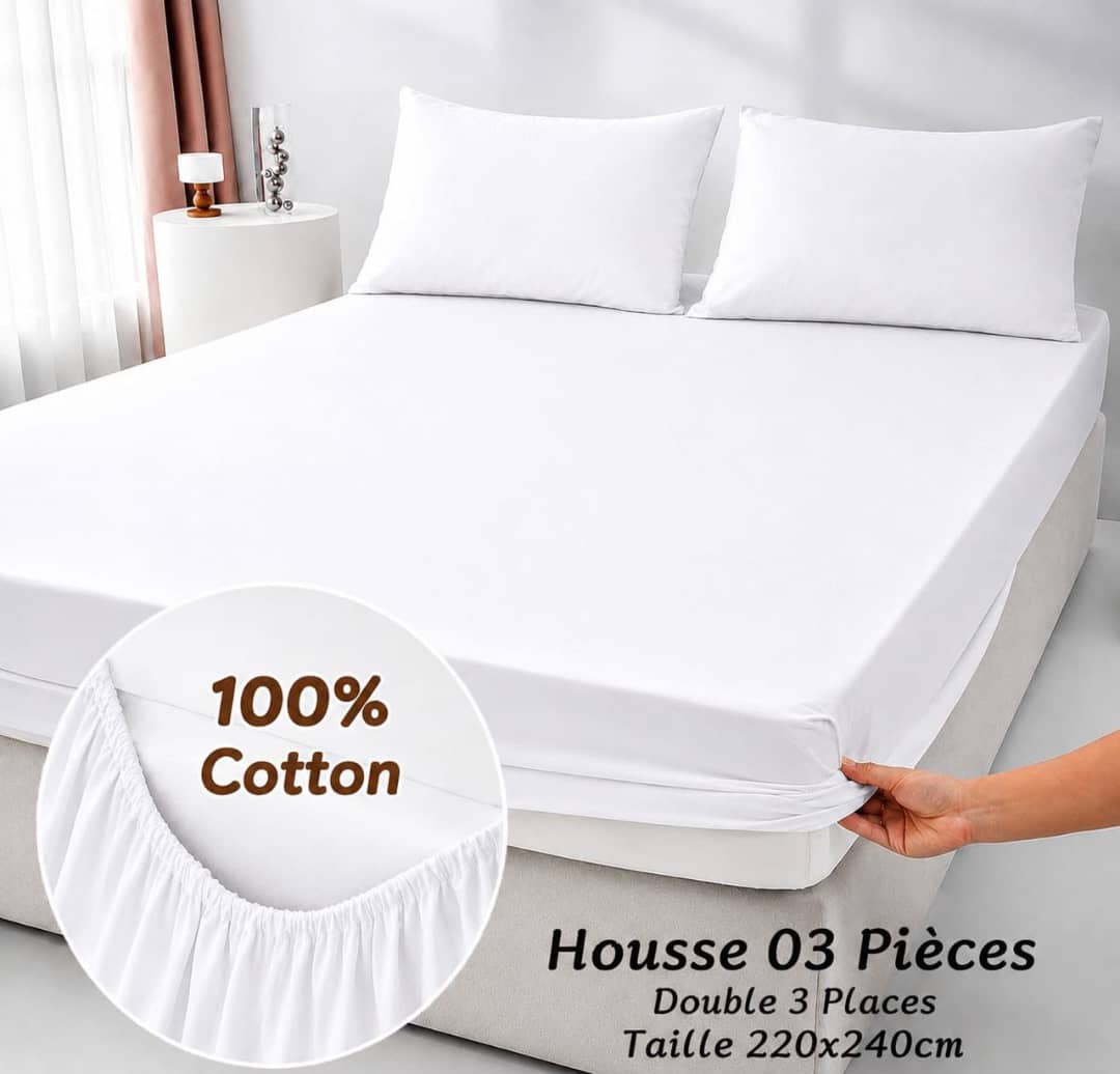 draps blanc 270CM/250CM + 2 Oreillers